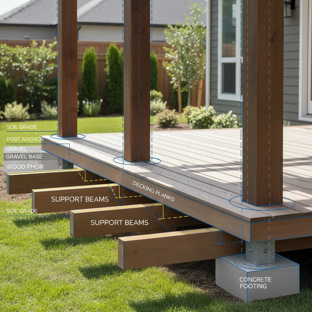 Diagram showing proper structural support for deck pergola posts