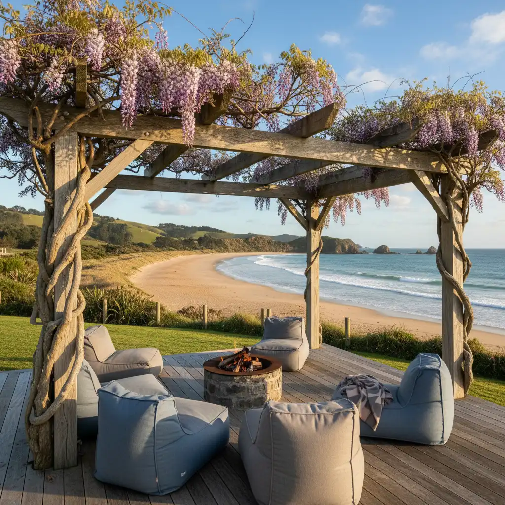 Rustic coastal style pergola with vines and ocean view