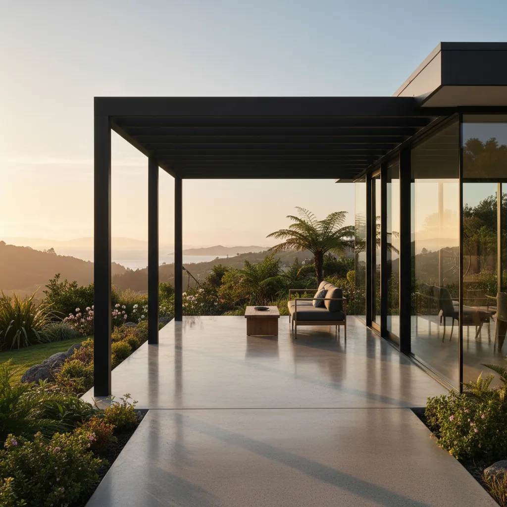 Sleek modern pergola design attached to a contemporary home