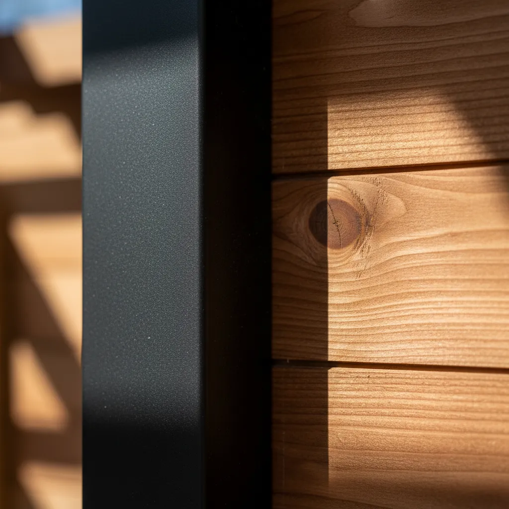 Close up of black aluminium pergola framing against cedar cladding