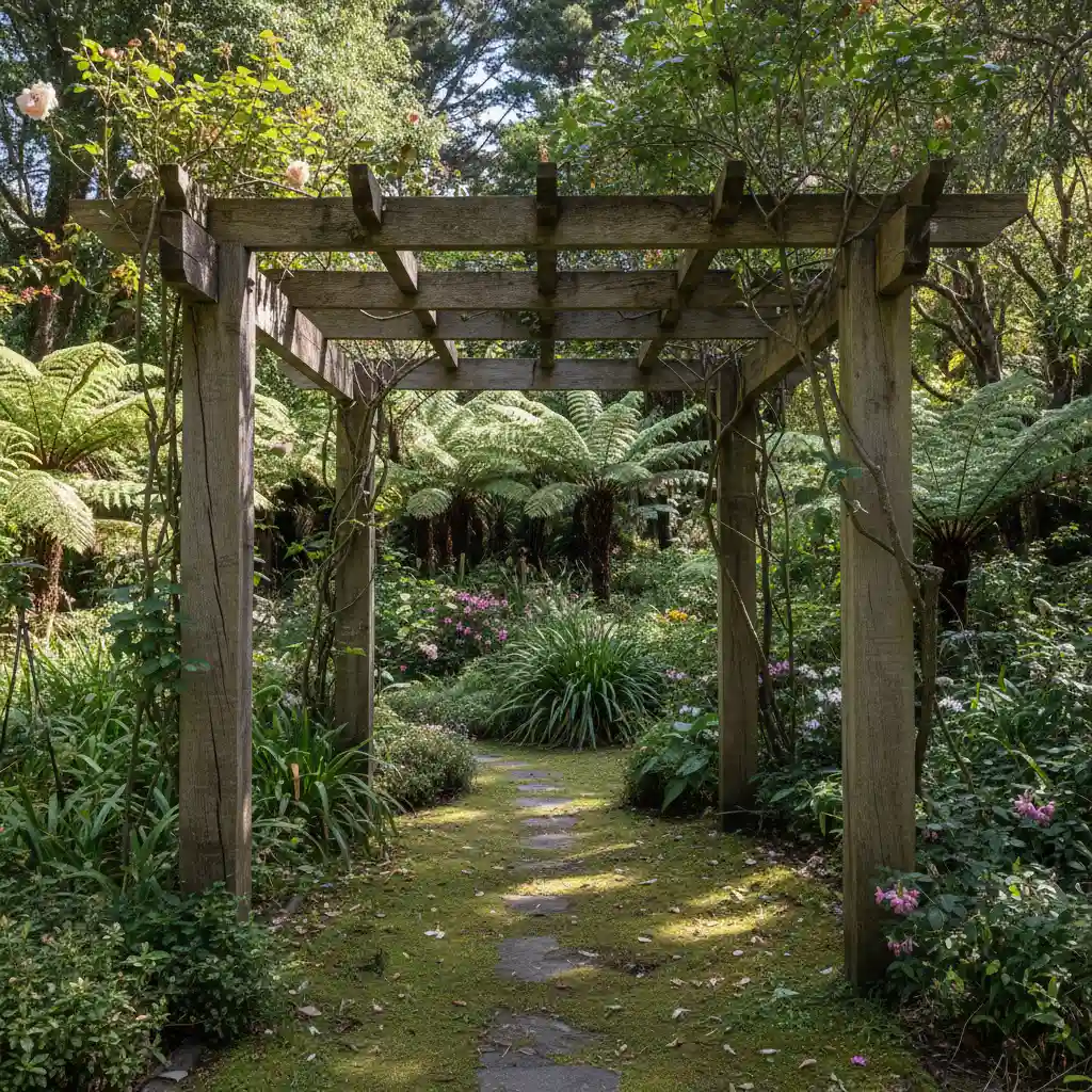Rustic wooden pergola designs nz in a garden setting