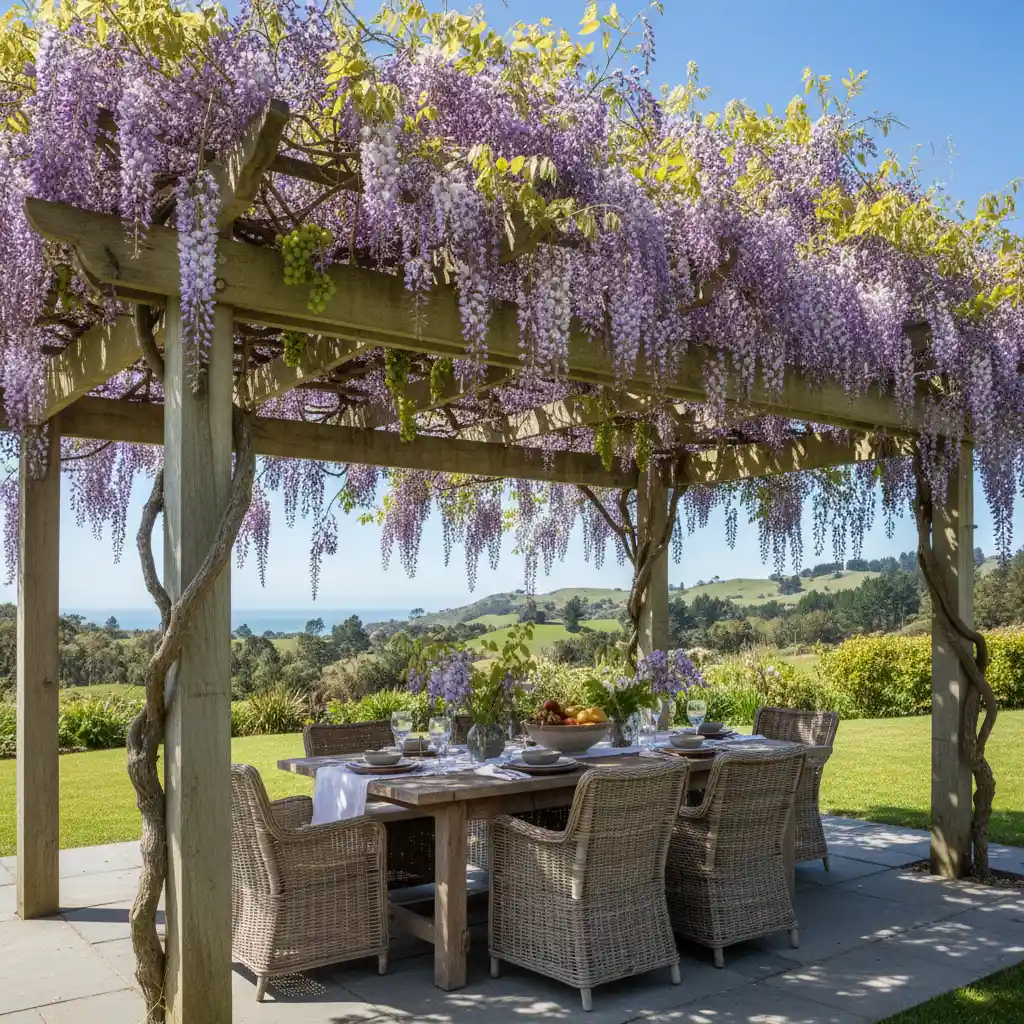 Wooden pergola designs nz with climbing vines and greenery