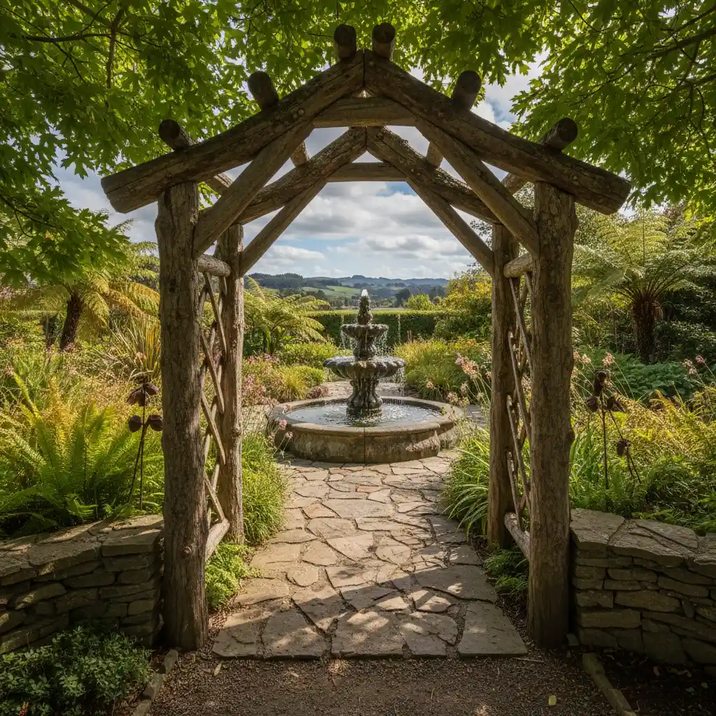 Timber garden arch pergola framing a garden fountain