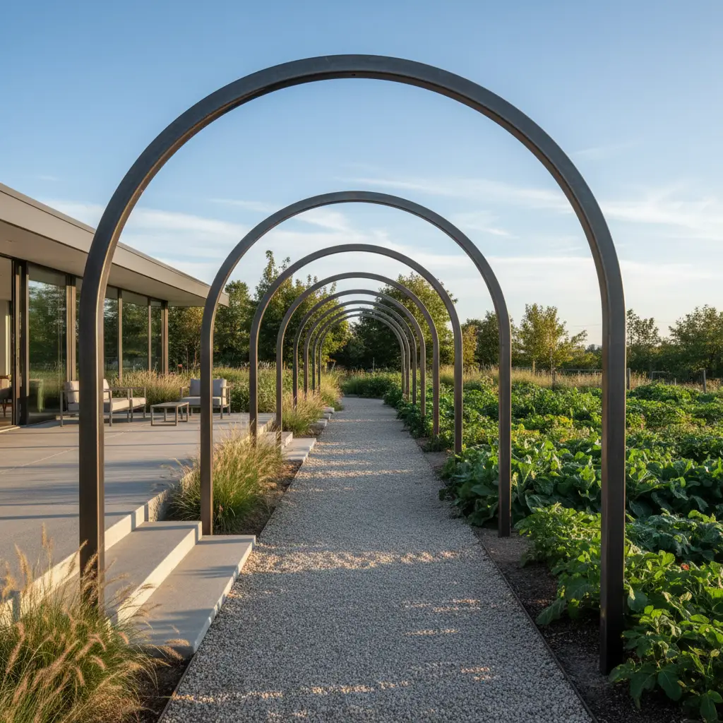 Metal walkway arches connecting garden zones