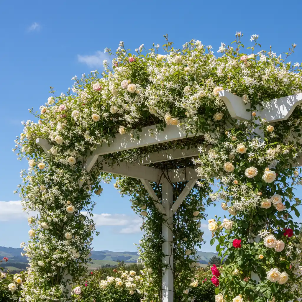 Star Jasmine and roses on a garden arch