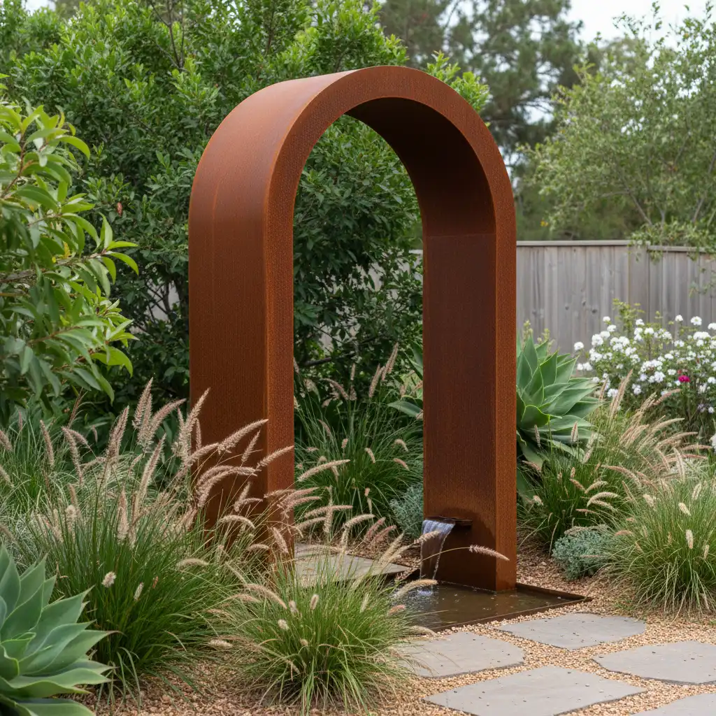 Corten steel garden arch with native grasses