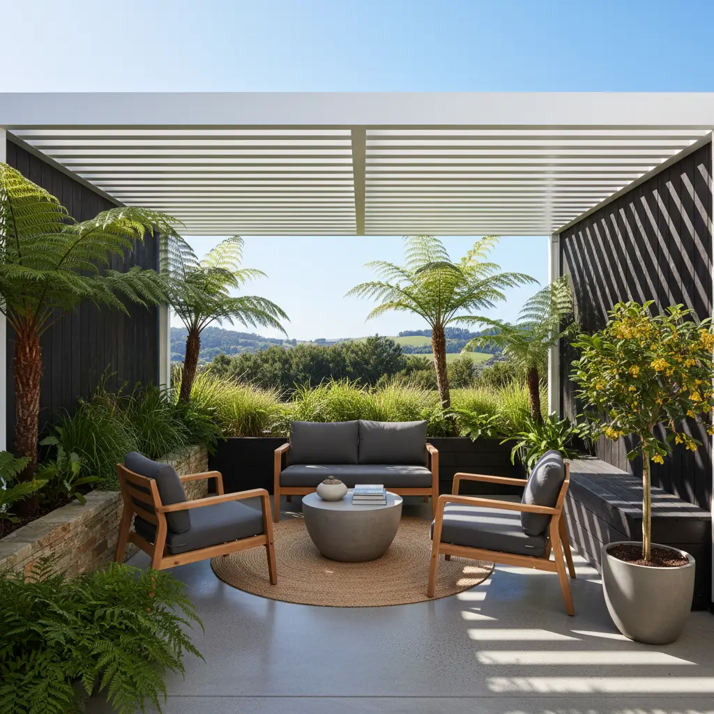 Modern small courtyard pergola design in New Zealand