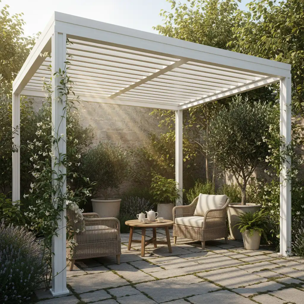 Adjustable louvre roof pergola for small spaces