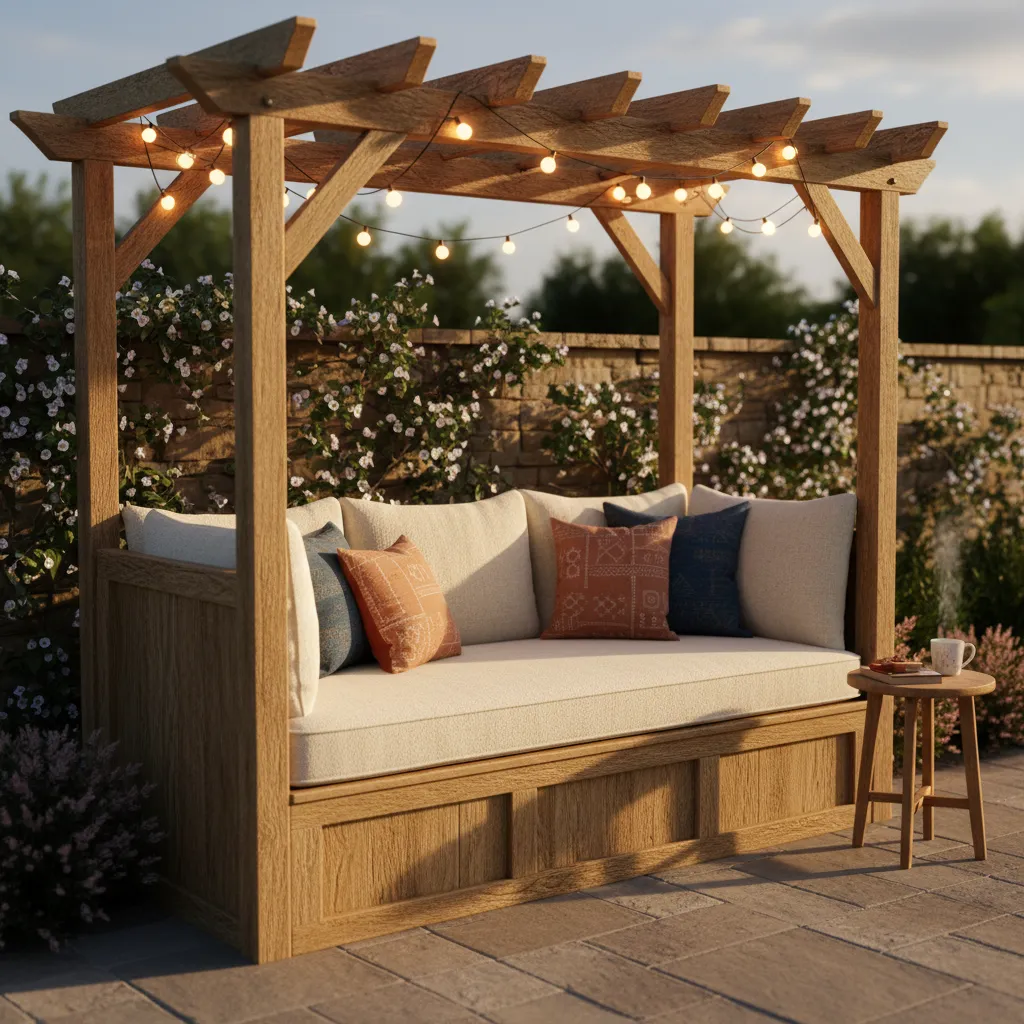 Built-in bench seating under pergola