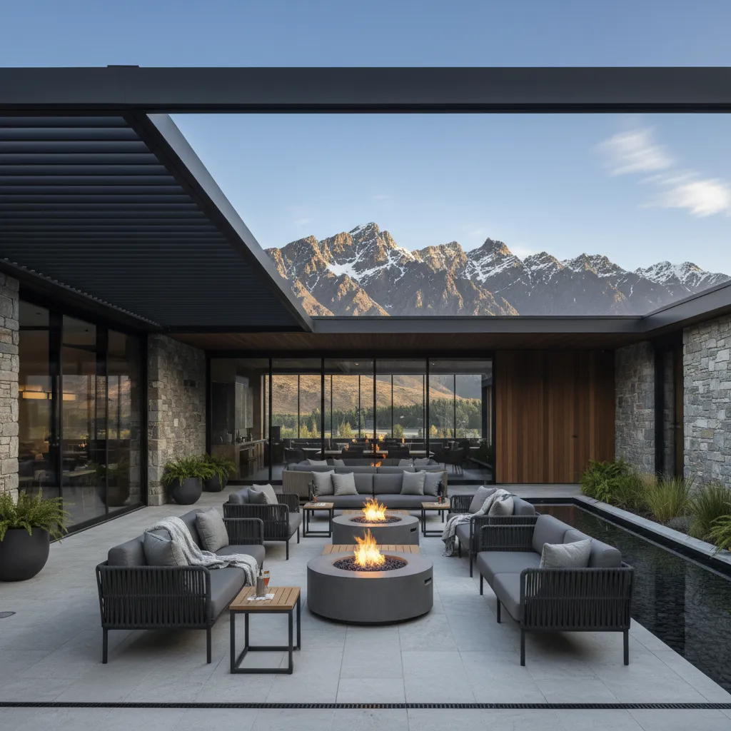 Luxury hotel courtyard featuring custom commercial pergolas NZ