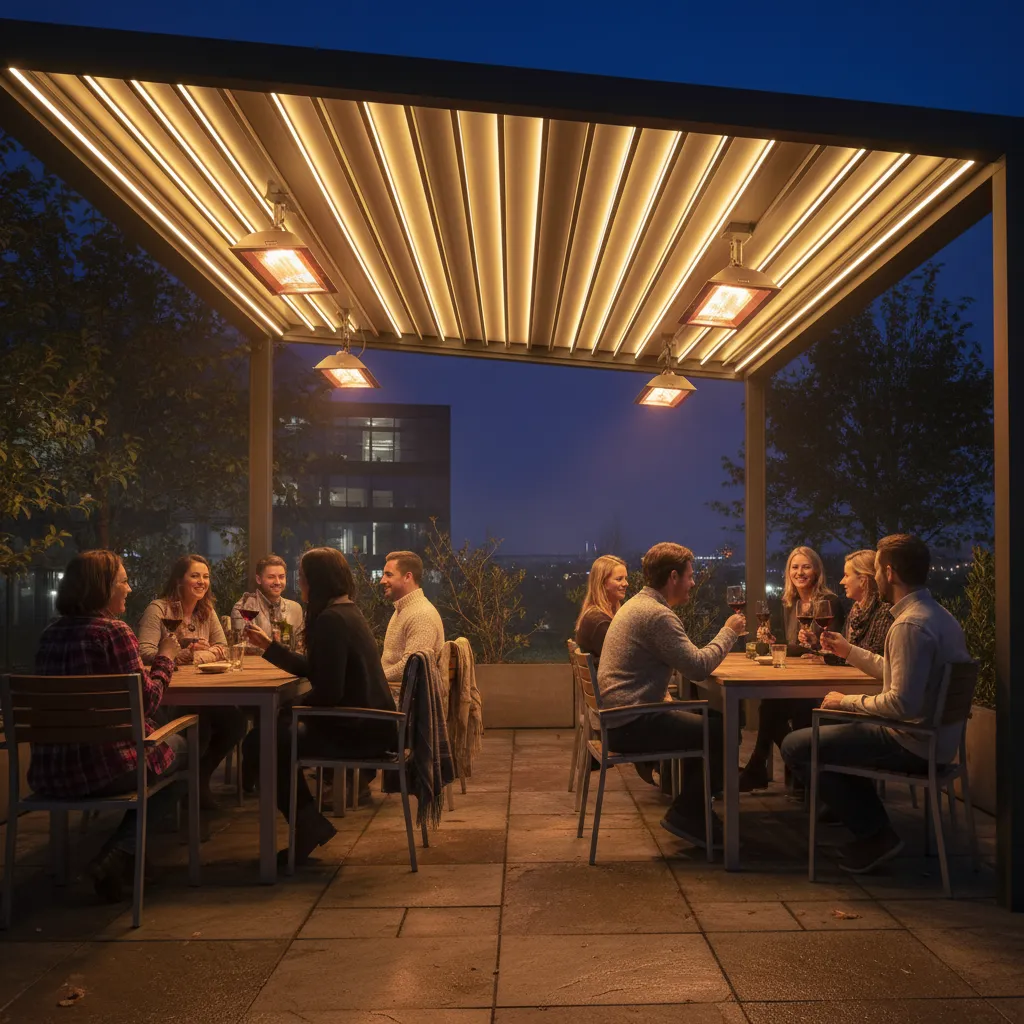 Night time ambience with integrated lighting and heating in commercial pergolas