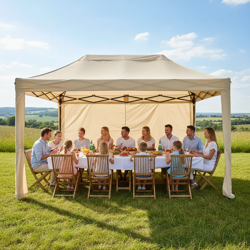 Large 3x6m gazebo hosting a family gathering