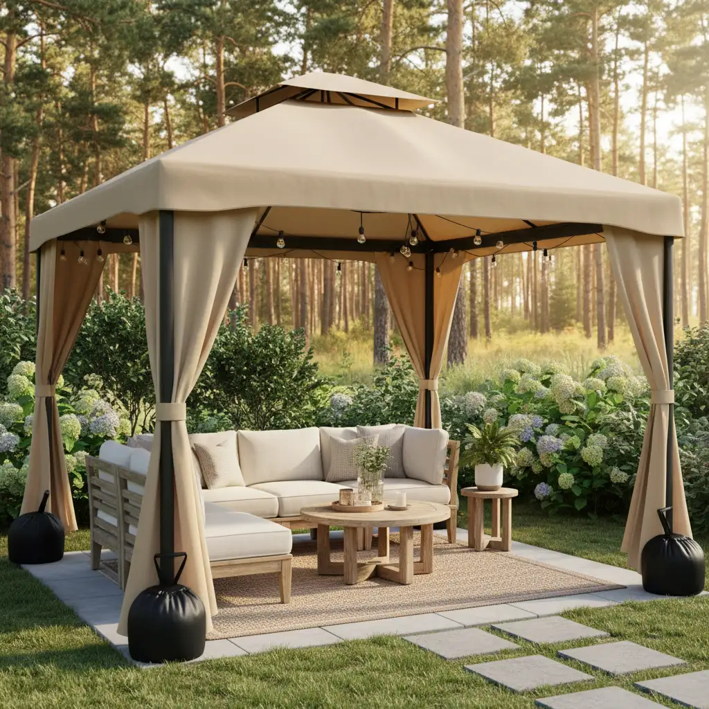 Gazebo with side walls and sandbag weights