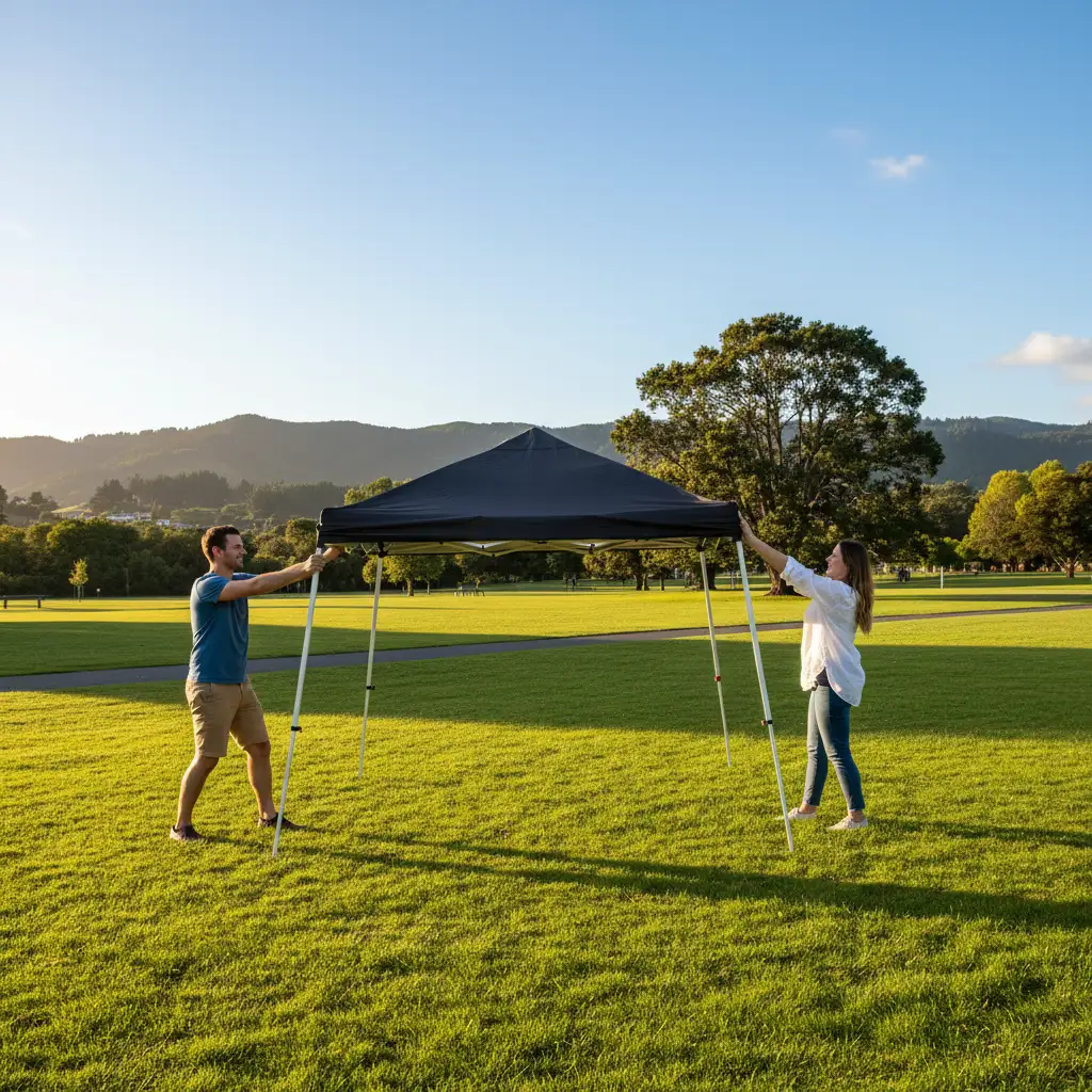 Two people easily setting up a pop up gazebo