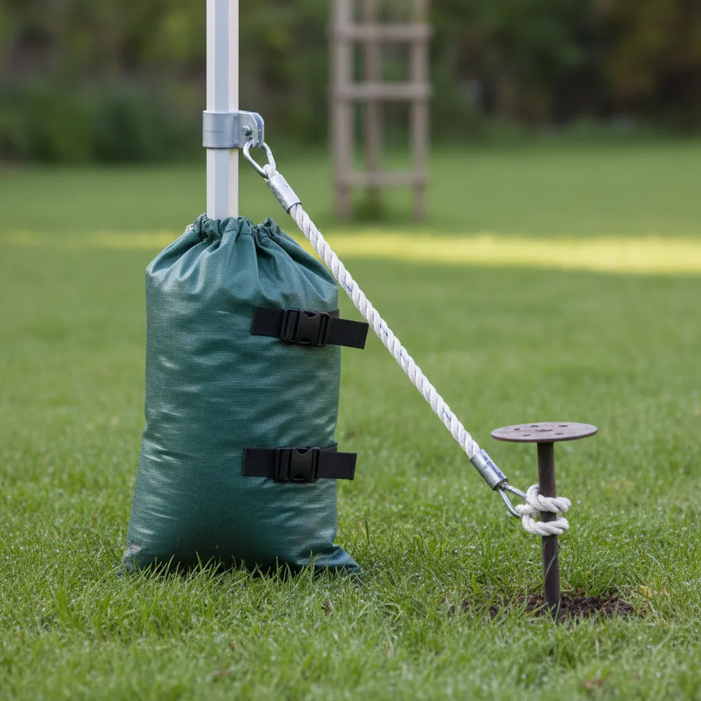 Properly securing a gazebo with sandbags and ropes