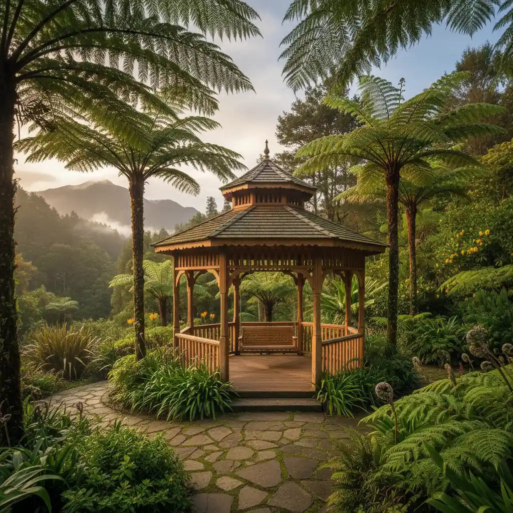 Luxury wooden gazebo kit installed in a New Zealand garden