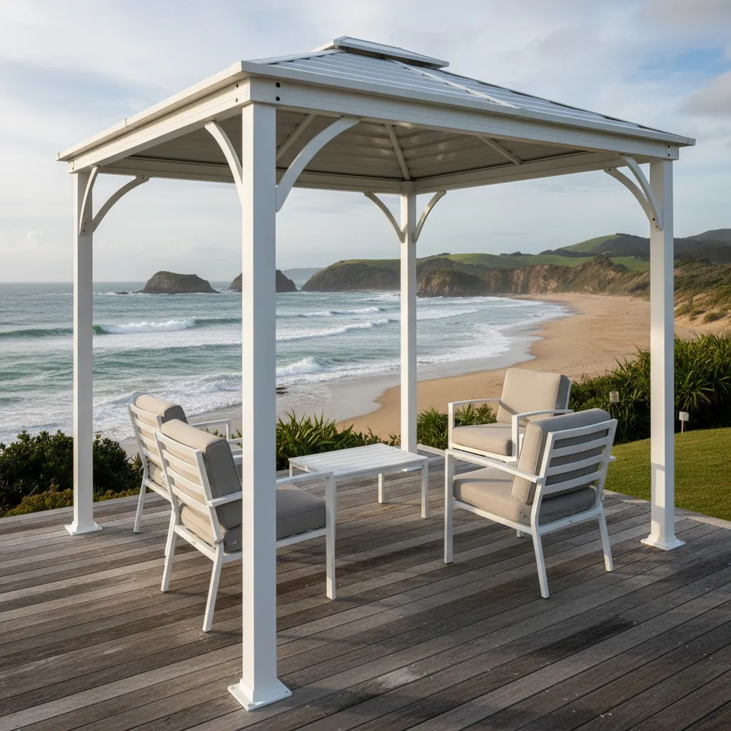 Rust resistant aluminium gazebo on coastal NZ deck