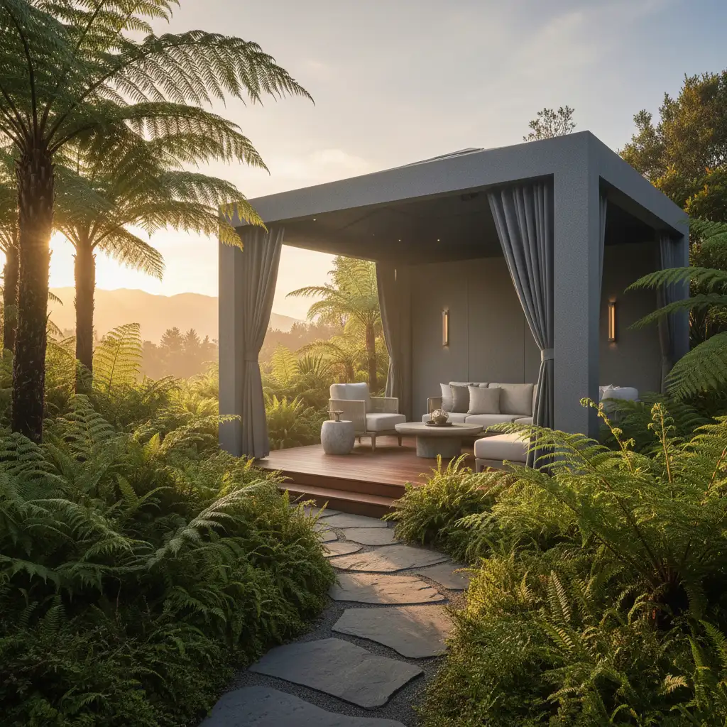 Modern gazebo with sides in a garden setting