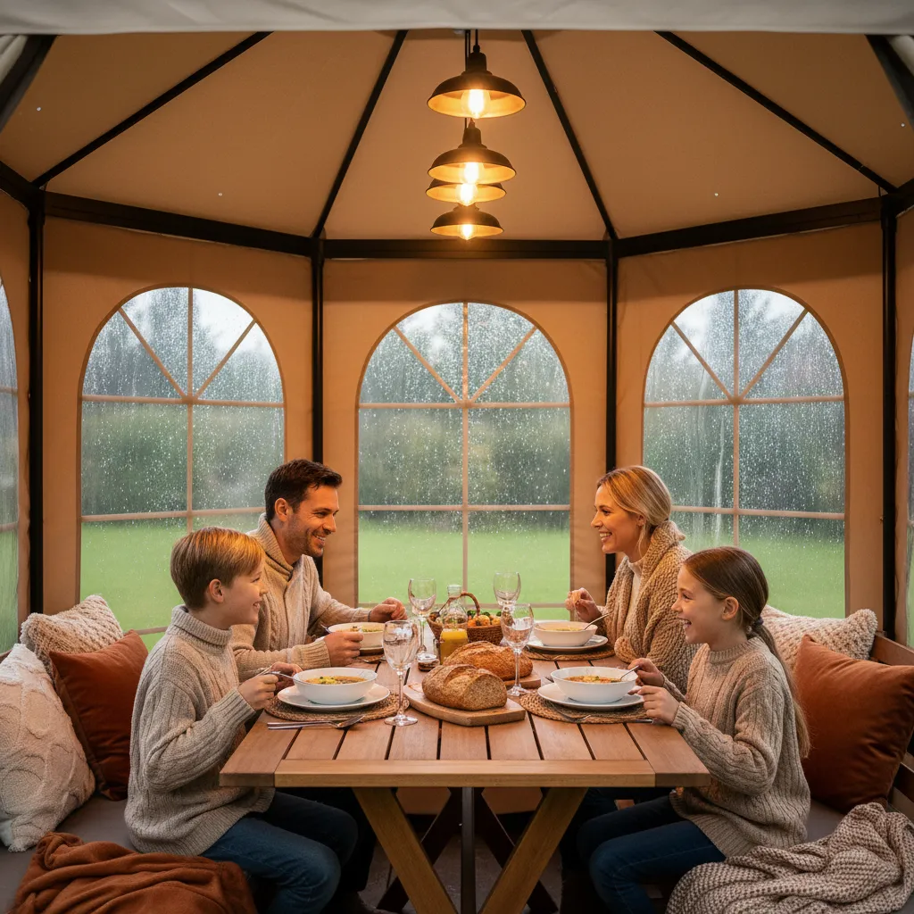 Family dining inside a gazebo with solid walls during rain