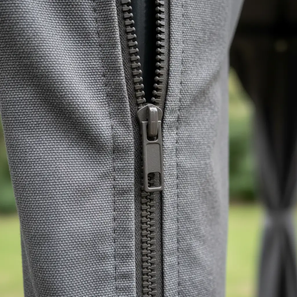 Close up of heavy duty zipper on gazebo sides