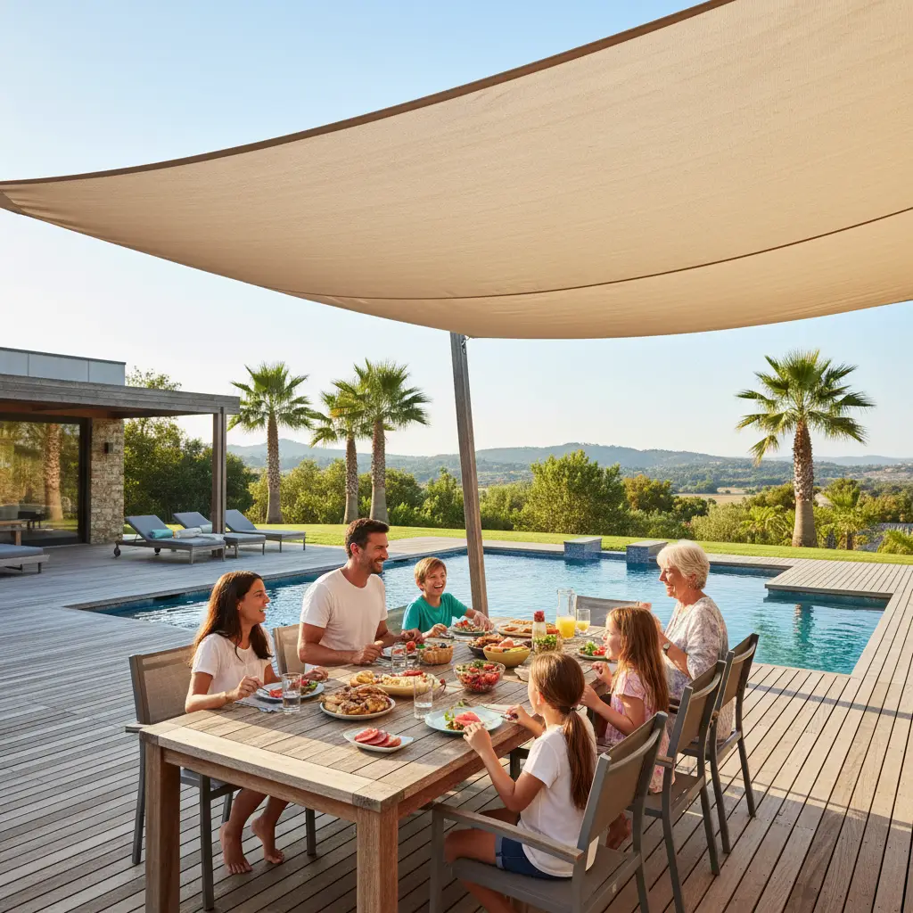 Family dining under shade sails nz