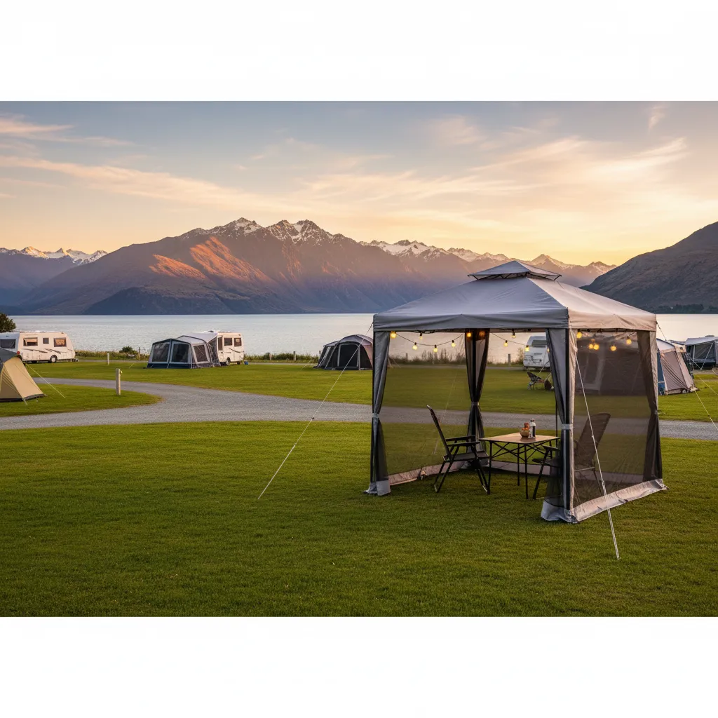 Premium camping gazebo NZ setup near a lake