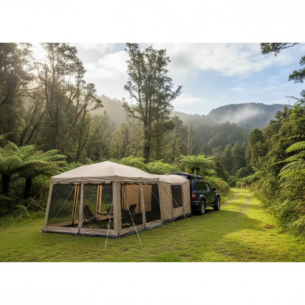 Camping gazebo connected to SUV vehicle