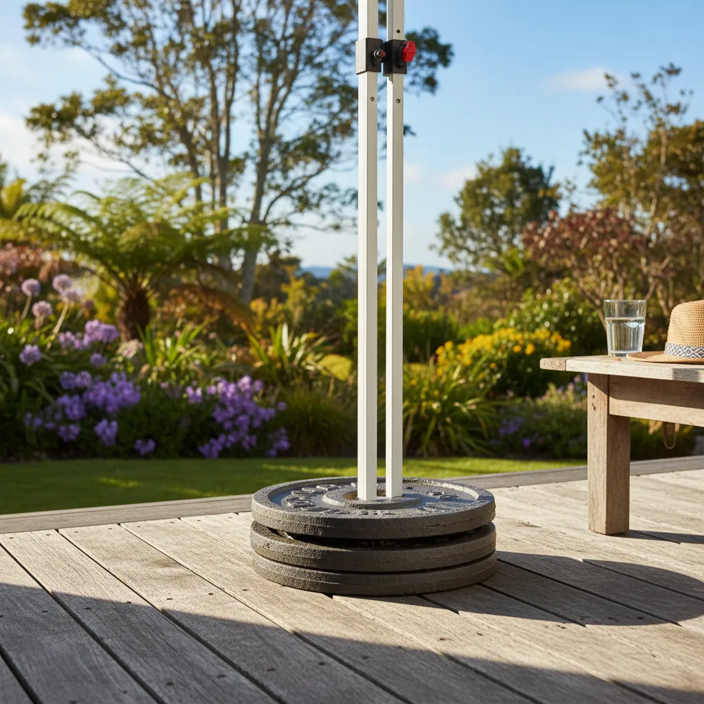 Heavy duty cast iron gazebo weights nz installed on a wooden deck