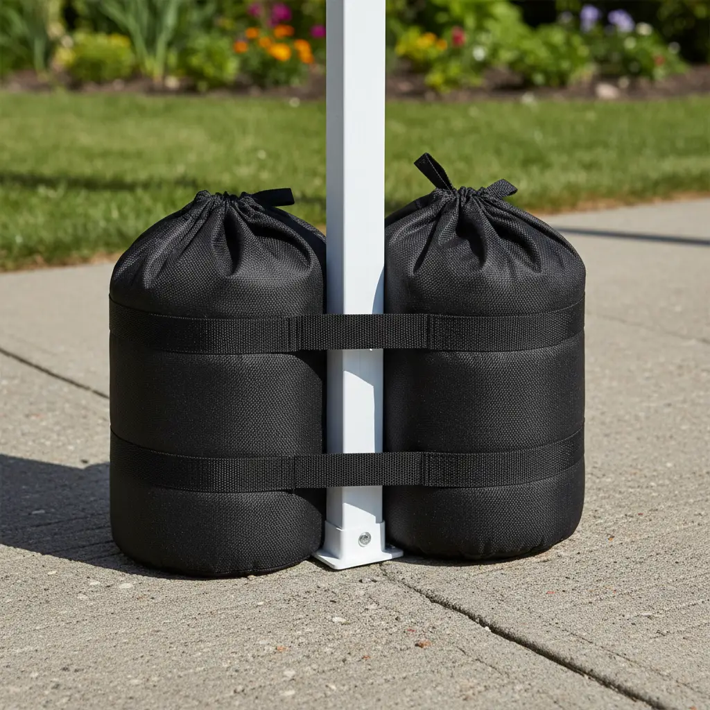 Sandbag leg weights for securing gazebos on concrete surfaces