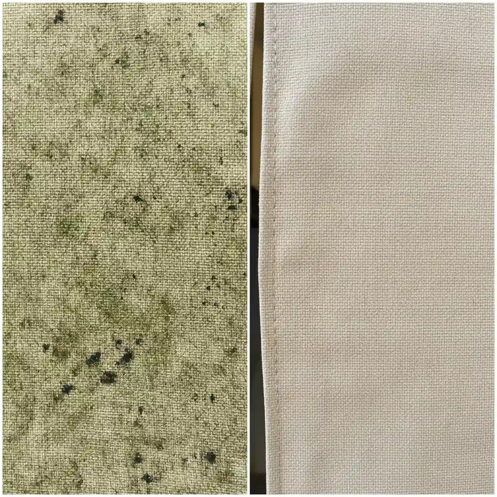 Before and after comparison of mould removal on gazebo canvas