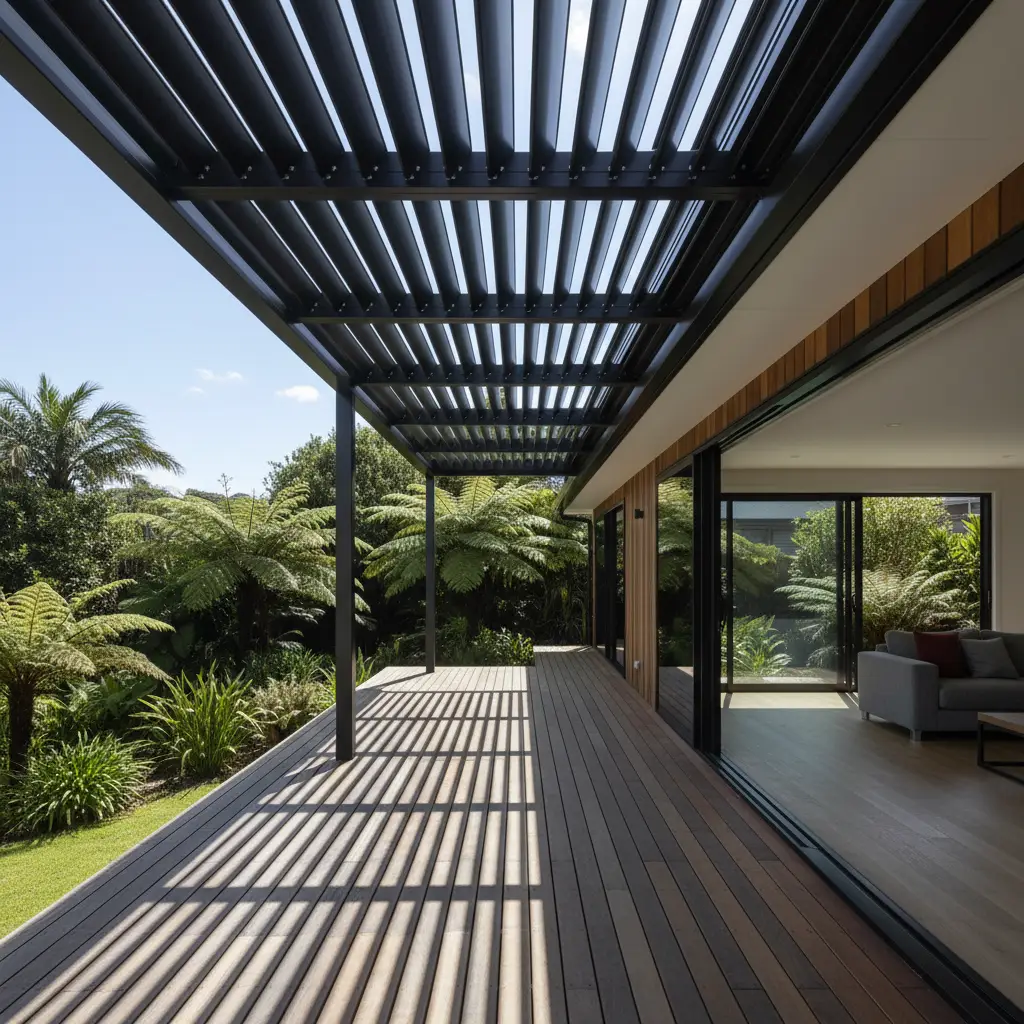 Modern louvered roof system in a New Zealand backyard setting