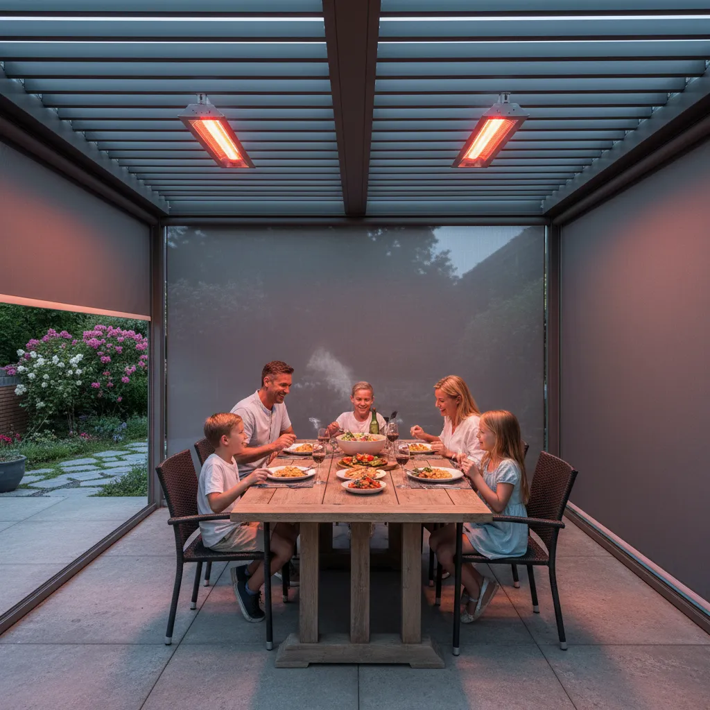 Evening entertainment under louvered roof with lighting and heating