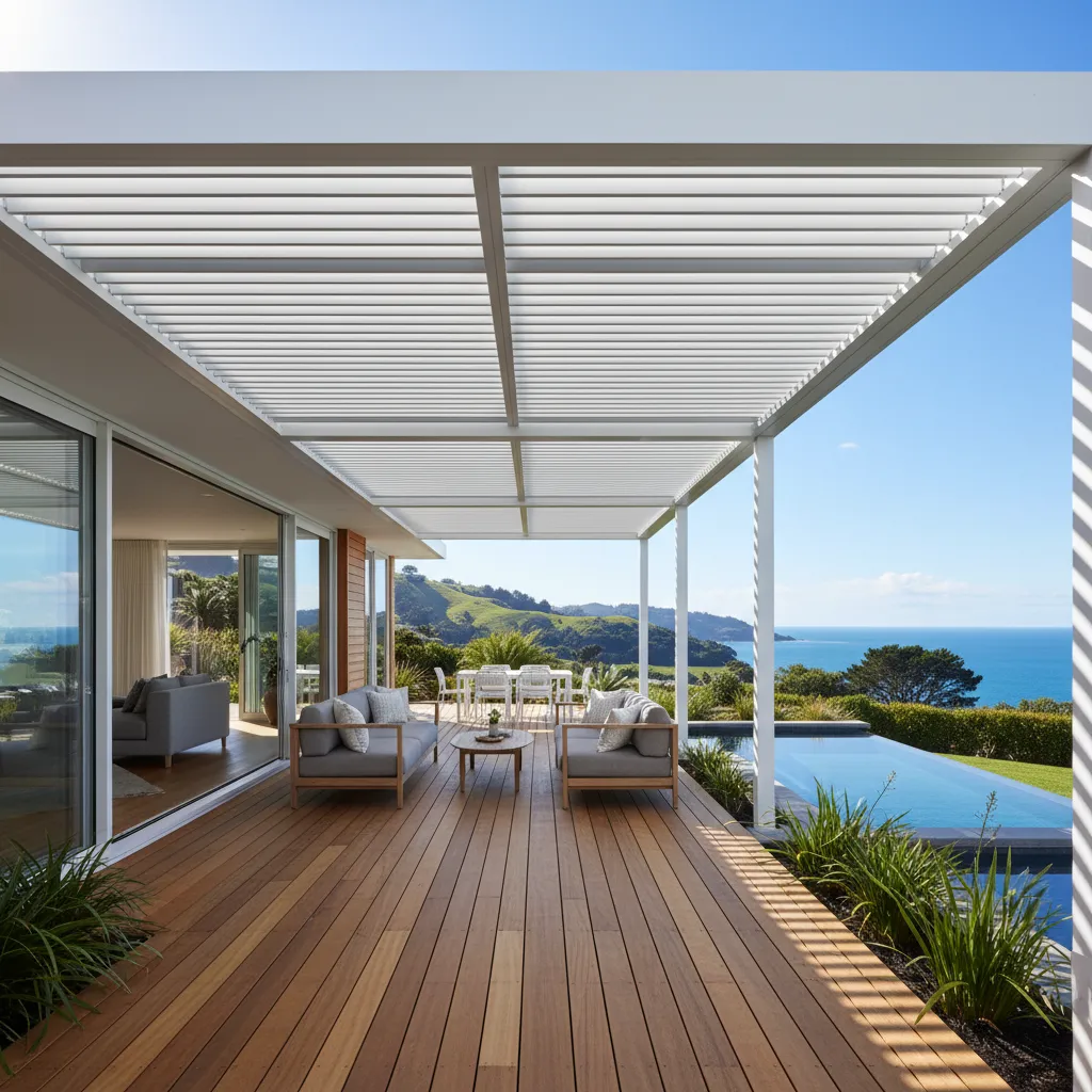 Modern louvered roof system on a New Zealand deck
