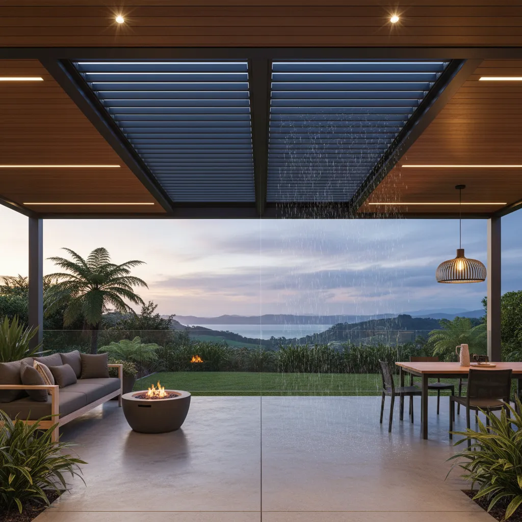 Comparison of open and closed motorised pergola louvres in a luxury NZ outdoor setting