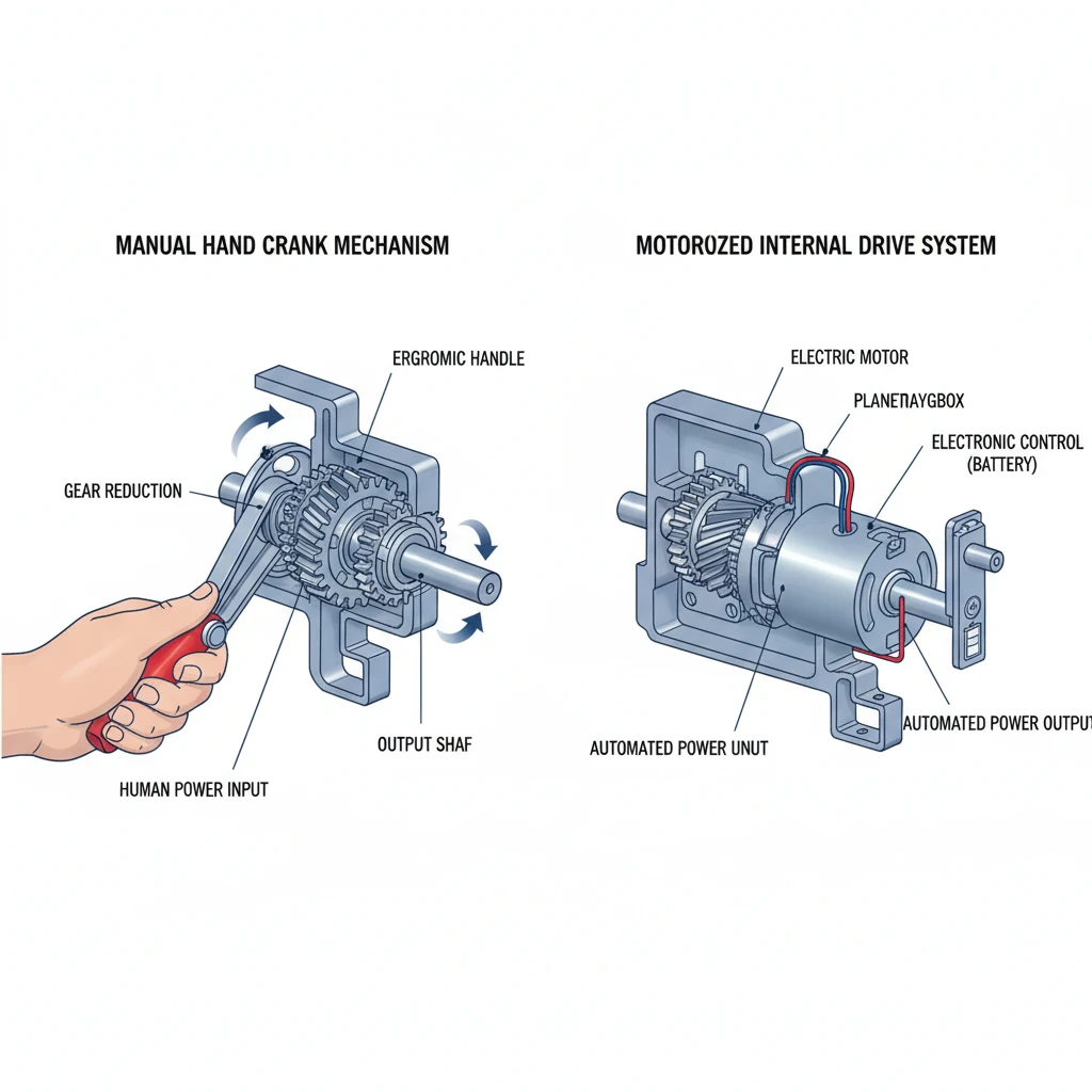 Technical comparison of manual crank vs motorised drive for pergolas