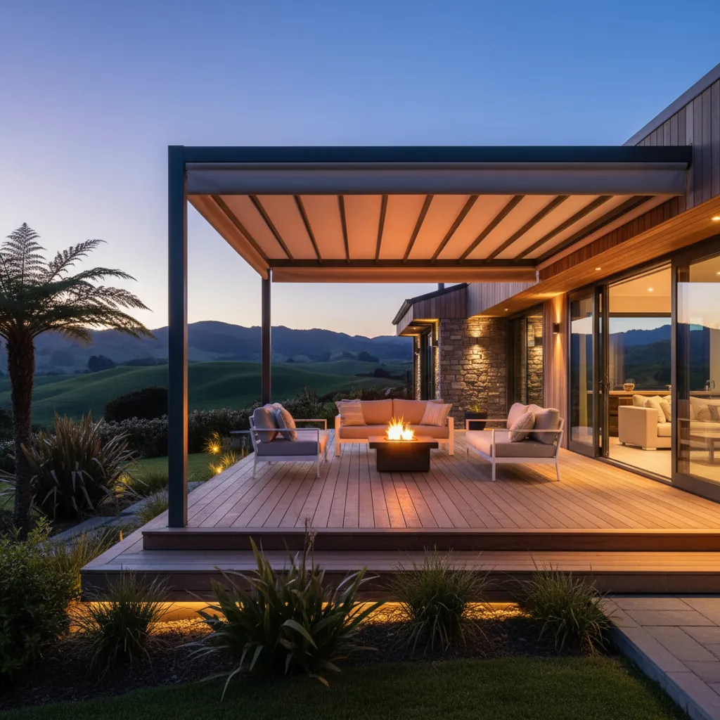 Luxury retractable pergola roof NZ on a timber deck