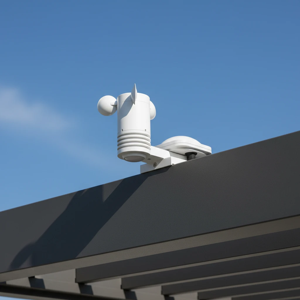 Wind and rain sensors mounted on a smart pergola system