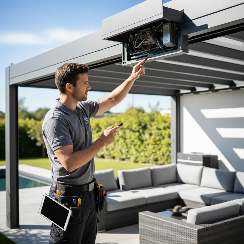 Technician performing maintenance on smart pergola motor