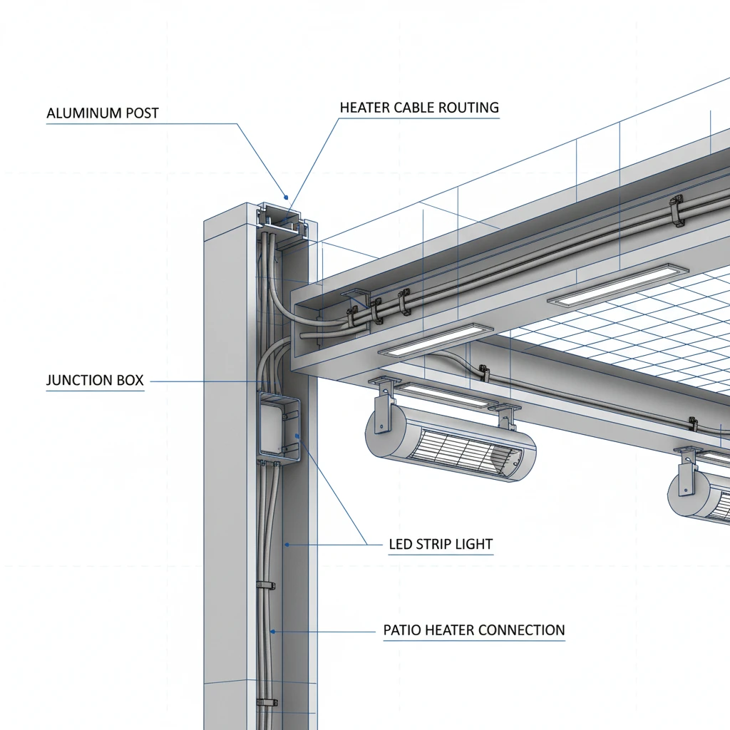 Diagram of concealed wiring in aluminum pergola structure