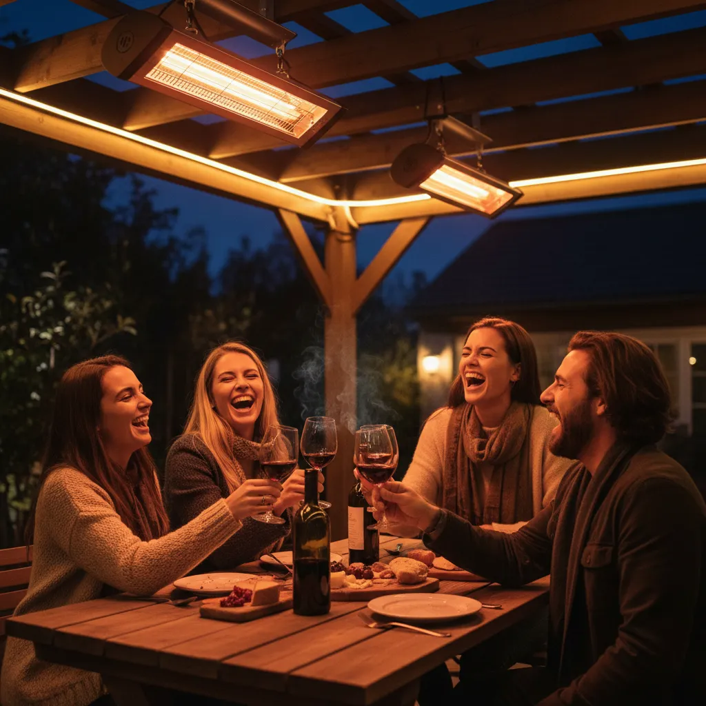 Friends enjoying outdoor entertainment under heated pergola