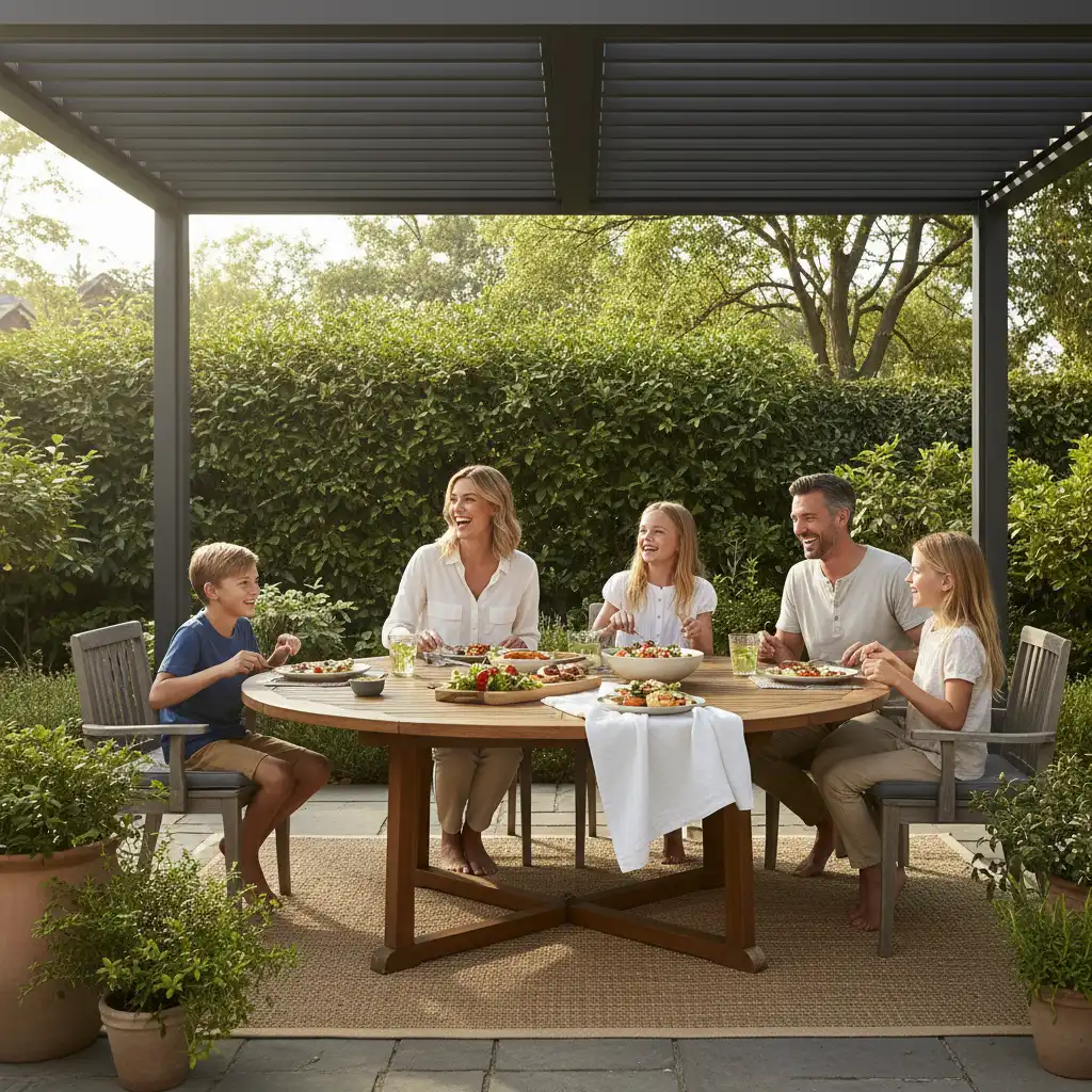 Family enjoying a ventilated outdoor dining area under a louvered roof