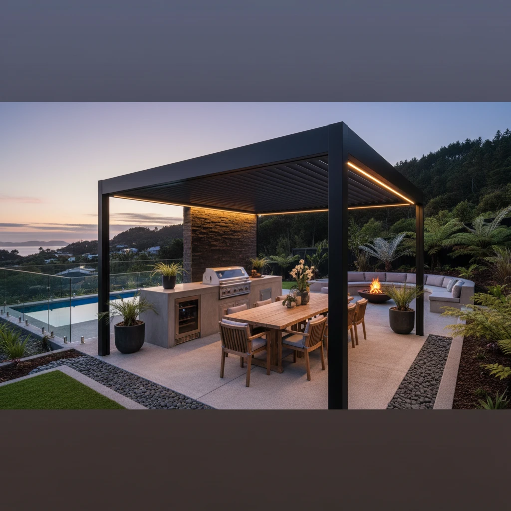 Luxury outdoor living space with louvered roof system