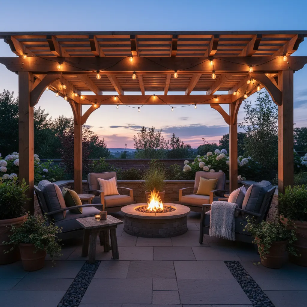 Finished roofed pergola with outdoor lighting