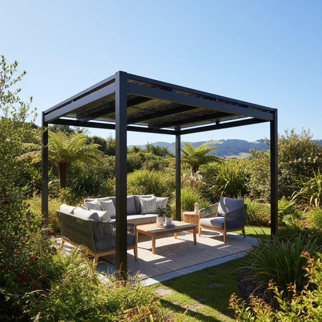 Modern solar pergola in a New Zealand garden setting