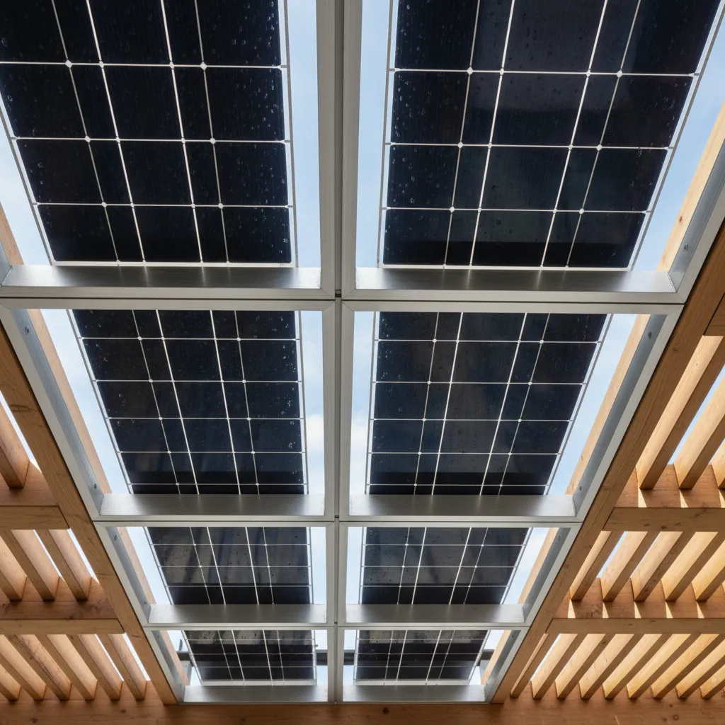 Close up of bifacial solar panel construction on a pergola