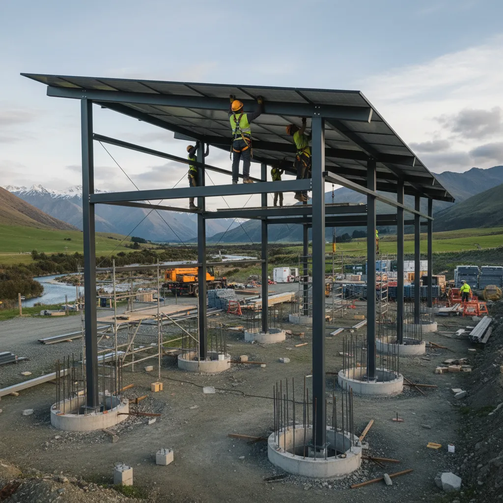 Installation of solar pergola footings and framework