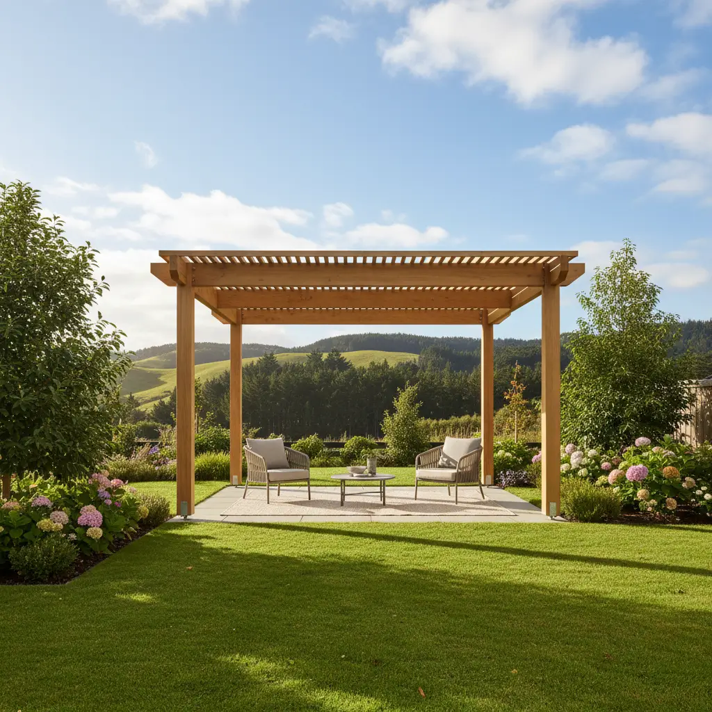 Modern wooden pergola design in a Kiwi backyard