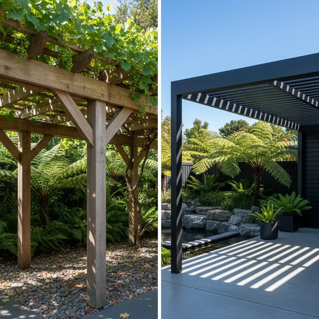 Side by side comparison of a rustic wooden pergola and a modern aluminium pergola