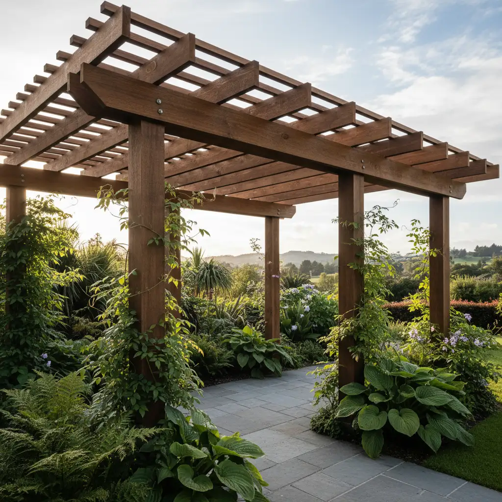 Modern wooden pergola design in a New Zealand garden setting