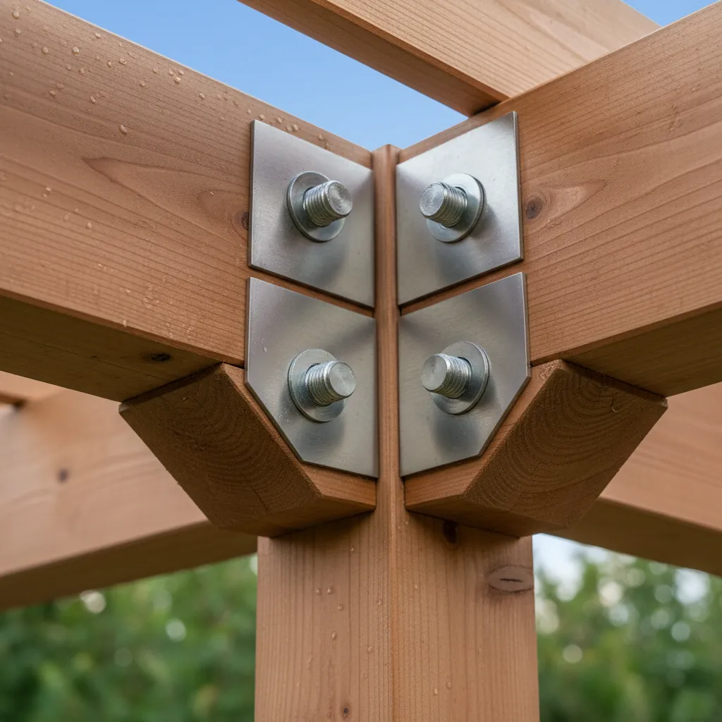 Detail of stainless steel fixings on a cedar pergola beam